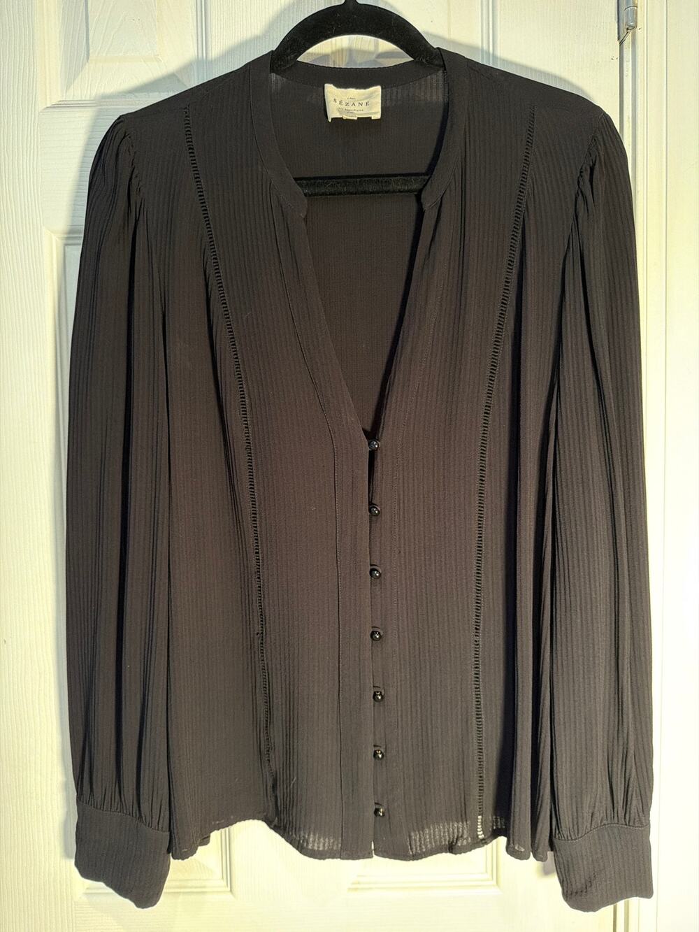 Sezane Black Pintuck V-neck button-front Blouse - Size 44 (US 12/L)